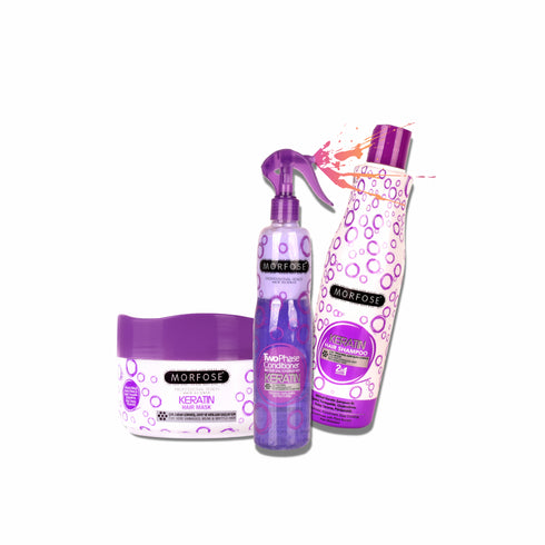 Morfose Keratin Hair Care Set - Leave-In Conditioner, Shampoo, and Hair Mask Trio
